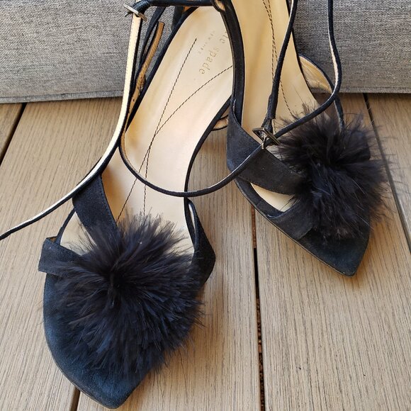 EUC kate spade pom-pom jet black heeled ankle sandals (10) - Picture 3 of 10